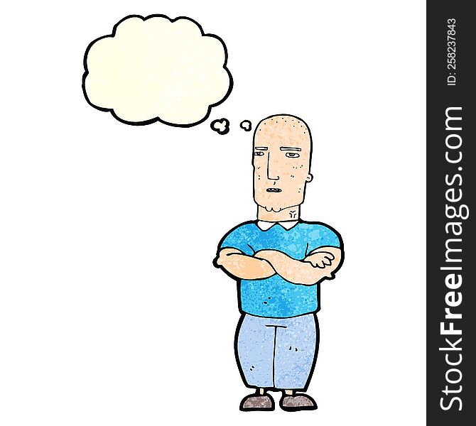 cartoon annoyed bald man with thought bubble