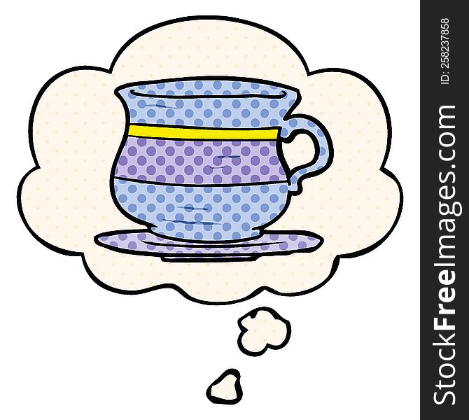 cartoon old tea cup and thought bubble in comic book style