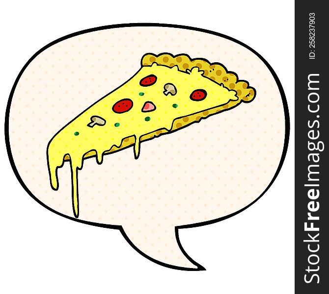 cartoon pizza slice with speech bubble in comic book style