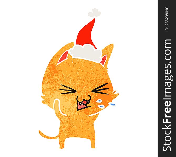 Retro Cartoon Of A Cat Hissing Wearing Santa Hat