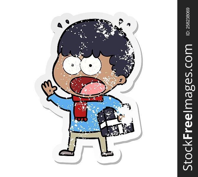 distressed sticker of a cartoon shocked man with gift