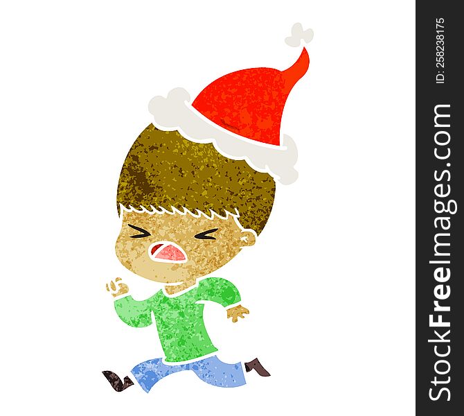 Retro Cartoon Of A Stressed Man Wearing Santa Hat