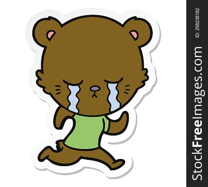 Sticker Of A Crying Cartoon Bear Running
