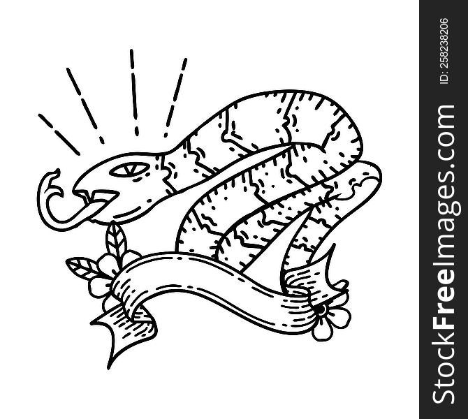 Banner With Black Line Work Tattoo Style Hissing Snake