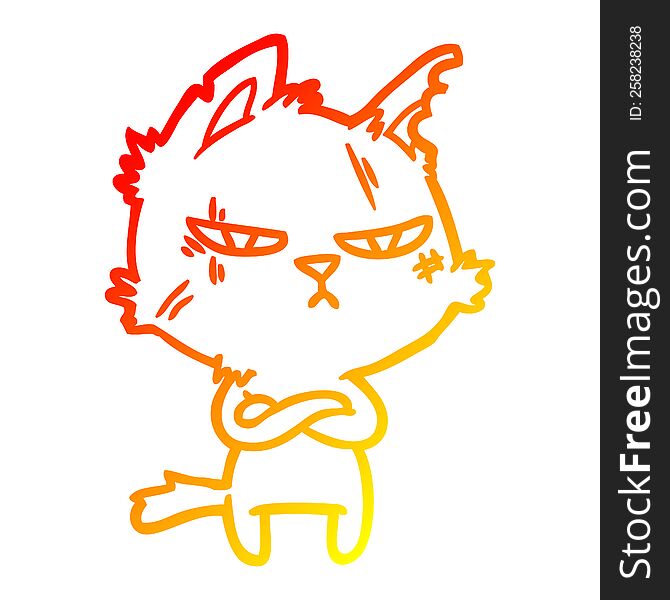 warm gradient line drawing of a tough cartoon cat folding arms