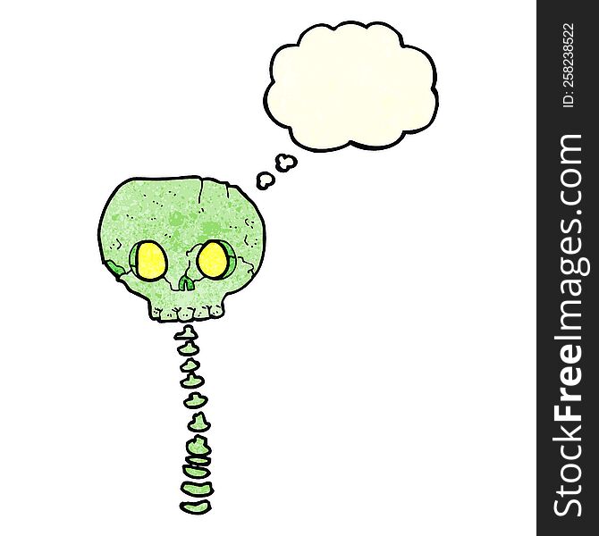 cartoon spooky skull and spine with thought bubble