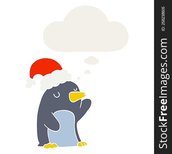 cute cartoon christmas penguin with thought bubble in retro style
