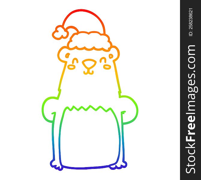 Rainbow Gradient Line Drawing Cartoon Bear Wearing Christmas Hat