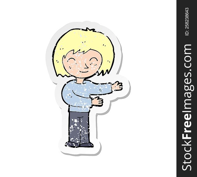 retro distressed sticker of a cartoon woman gestureing welcome