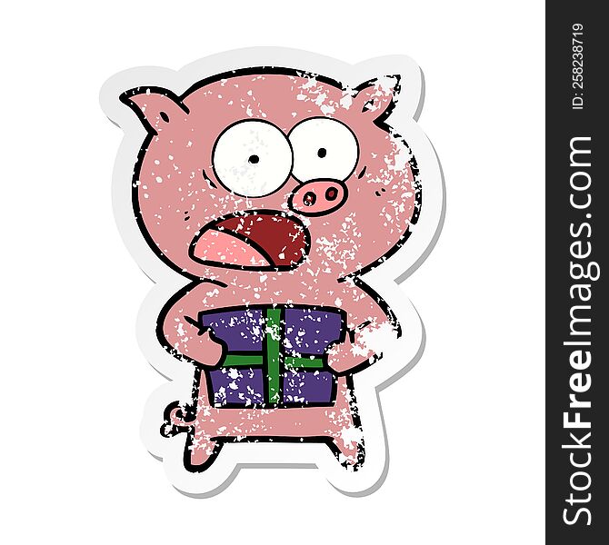 Distressed Sticker Of A Cartoon Pig With Christmas Present