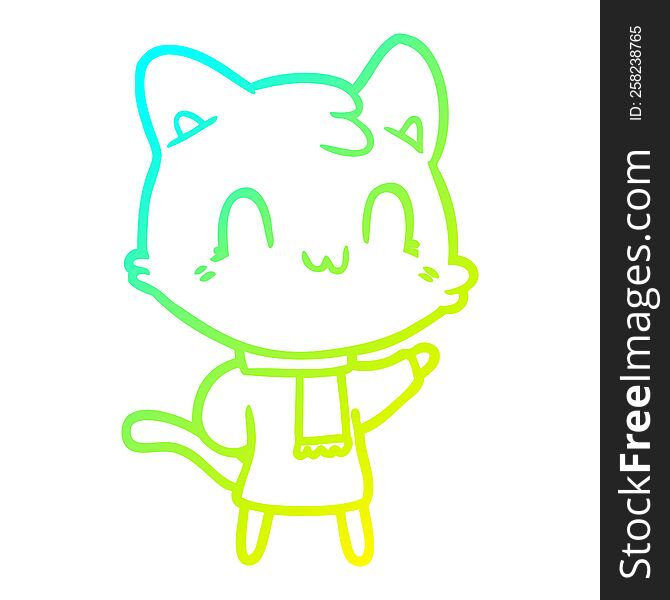Cold Gradient Line Drawing Cartoon Happy Cat Wearing Scarf