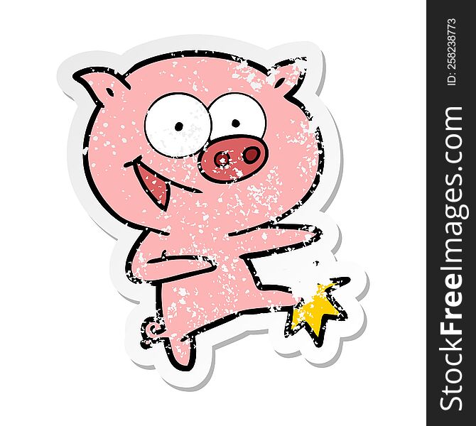 Distressed Sticker Of A Cheerful Dancing Pig Cartoon