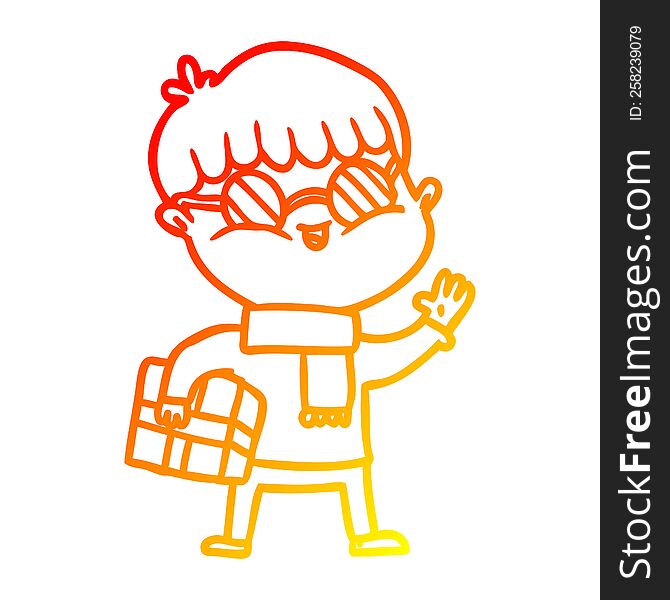 warm gradient line drawing cartoon boy wearing spectacles carrying gift