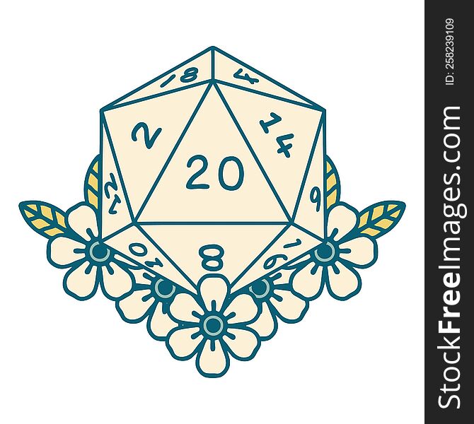 Natural 20 D20 Dice Roll With Floral Elements Illustration