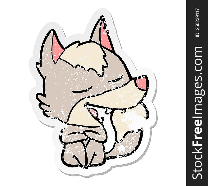 distressed sticker of a cartoon wolf sitting laughing