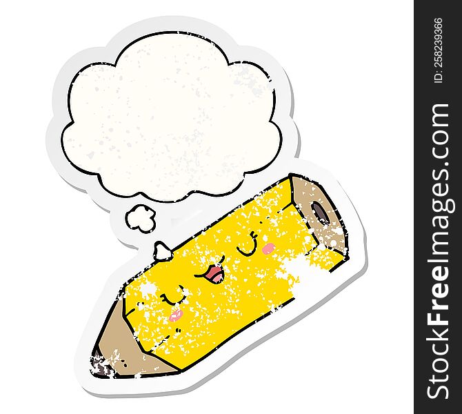 cute cartoon pencil with thought bubble as a distressed worn sticker