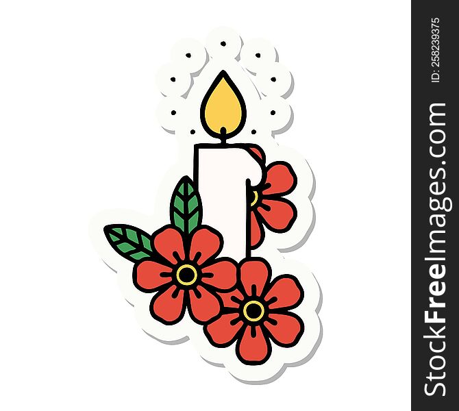 Tattoo Style Sticker Of A Candle And Flowers