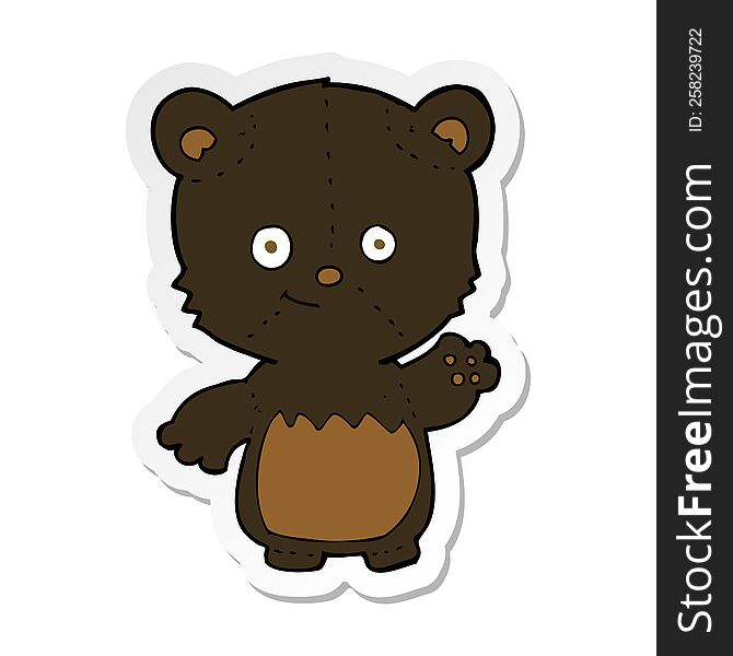 Sticker Of A Cartoon Black Bearcub Waving