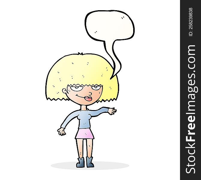 cartoon smug woman making dismissive gesture with speech bubble