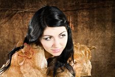 Brunette With Brown-gold Butterfly Royalty Free Stock Image