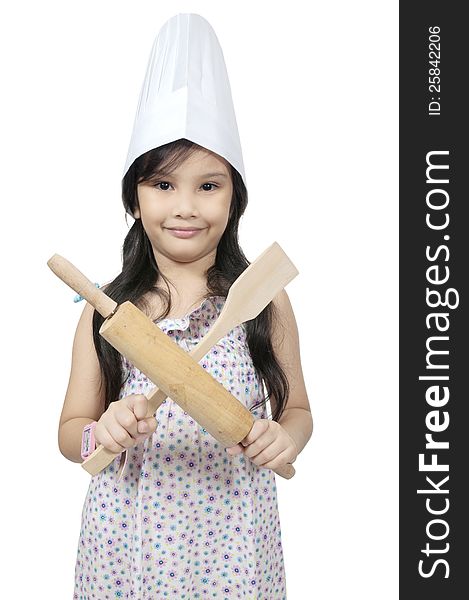 Mix race asian caucasian girl hold cooking utensil isolated over white background. Mix race asian caucasian girl hold cooking utensil isolated over white background