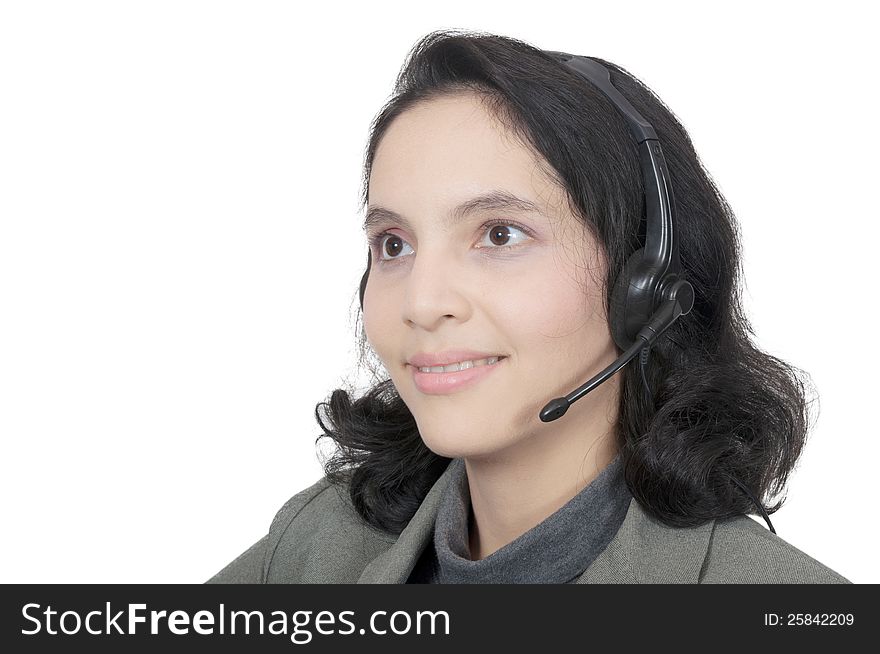 Business woman with headset on a white background. Business woman with headset on a white background