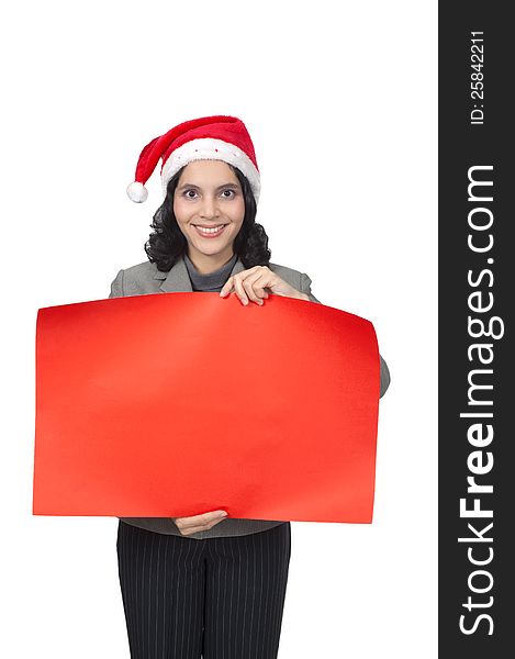 Woman wearing santa hat holding red banner isolated over white background. You can put your message on the banner. Woman wearing santa hat holding red banner isolated over white background. You can put your message on the banner