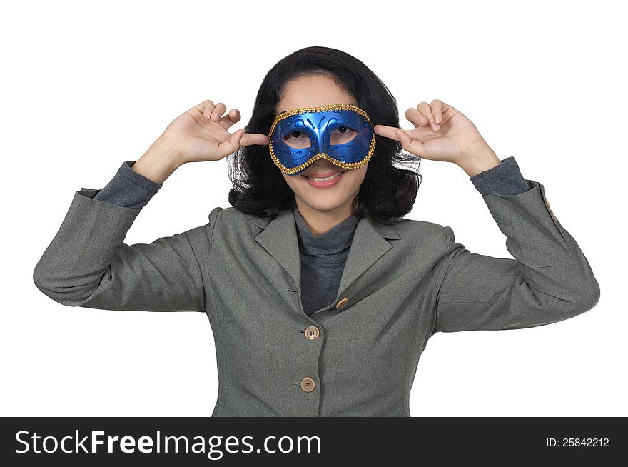 Business woman wearing mask isolated over white background. Business woman wearing mask isolated over white background