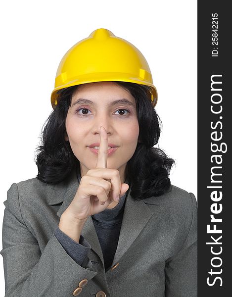 Mix race architect woman shut her mouth isolated over white background. Mix race architect woman shut her mouth isolated over white background