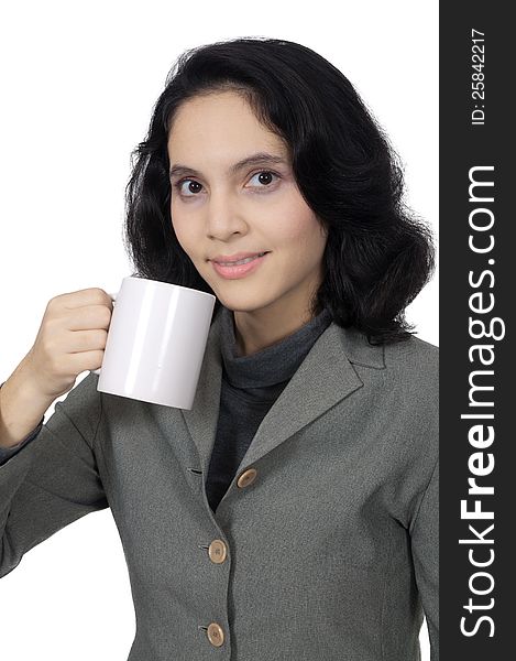 Mix race asian caucasian business woman drink coffee isolated over white background