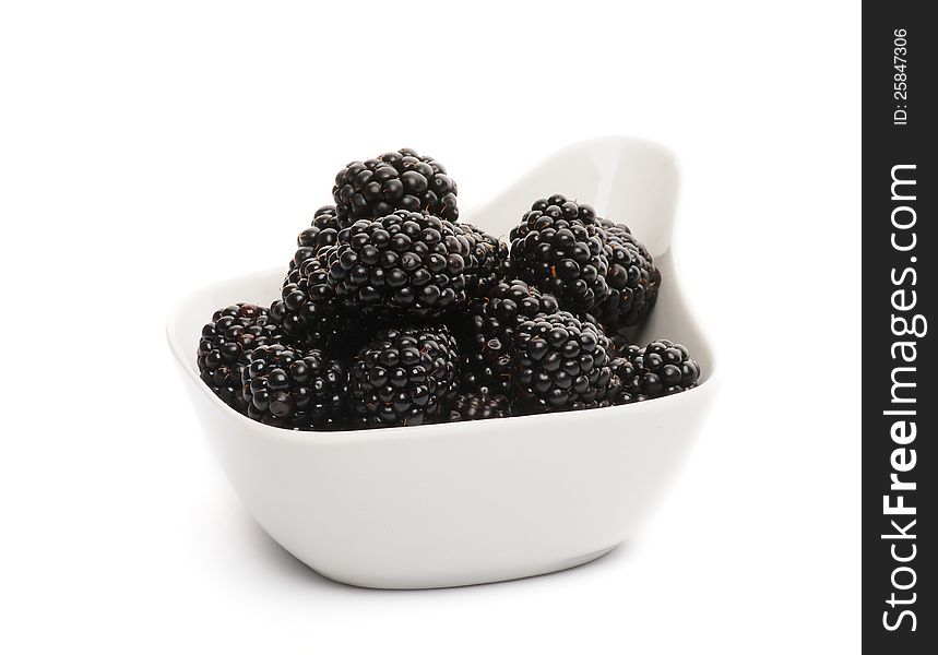 Perfect Blackberries in White Bowl isolated on white background