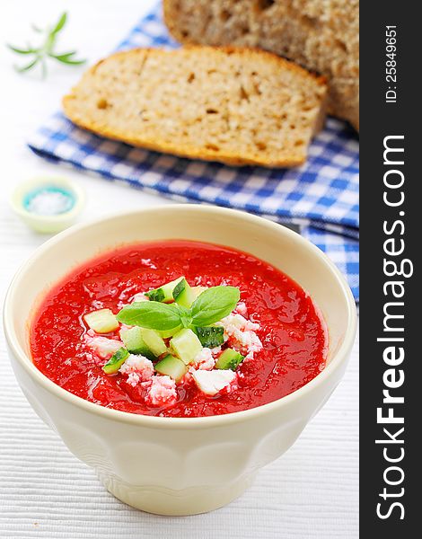 Cold vegetable soup with beet, cucumber, and cheese. Cold vegetable soup with beet, cucumber, and cheese