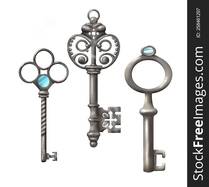 set with isolated realistic images of vintage keys in the style of silver color with diamonds and decorative patterns