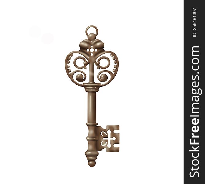 Isolated realistic images of vintage keys in the style of gold and bronze color with diamonds and decorative patterns