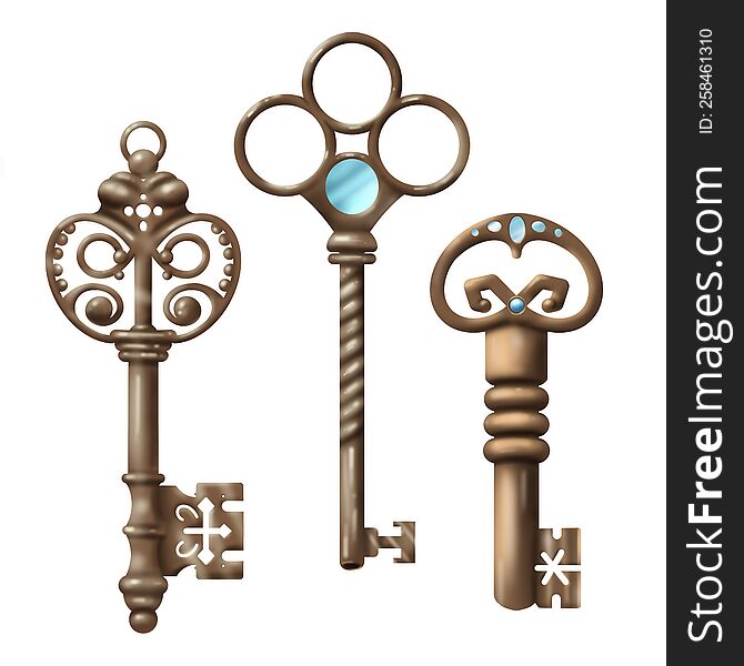 set with isolated realistic images of vintage keys in the style of gold and bronze color with diamonds and decorative patterns