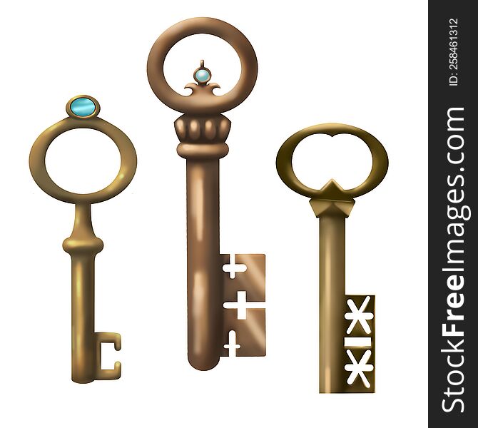 Set With Isolated Realistic Images Of Vintage Keys In The Style Of Gold And Bronze Color With Diamonds And Decorative Patterns