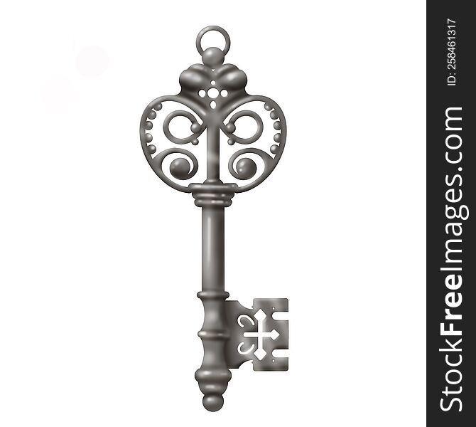 Isolated realistic images of vintage keys in silver color style with diamonds and decorative patterns