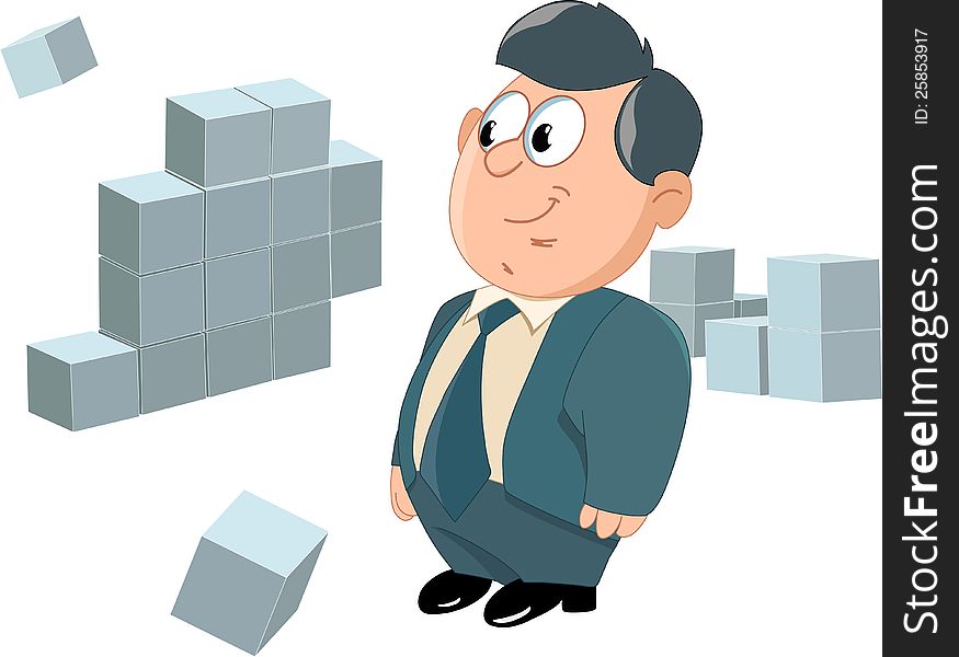 The illustration shows an office worker who is on the background of the cubic modular structure. Illustration is presented in separate layers. The illustration shows an office worker who is on the background of the cubic modular structure. Illustration is presented in separate layers.