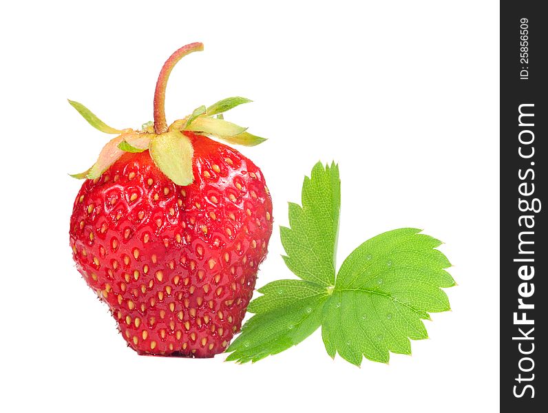 A juicy red strawberry with a green leaf isolated on a white background. A juicy red strawberry with a green leaf isolated on a white background