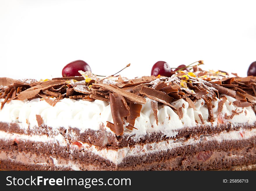 Close up of Chocolate cake on white background