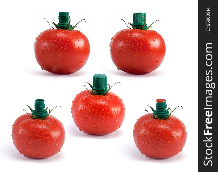 Tomato with packaging neck isolated on white background