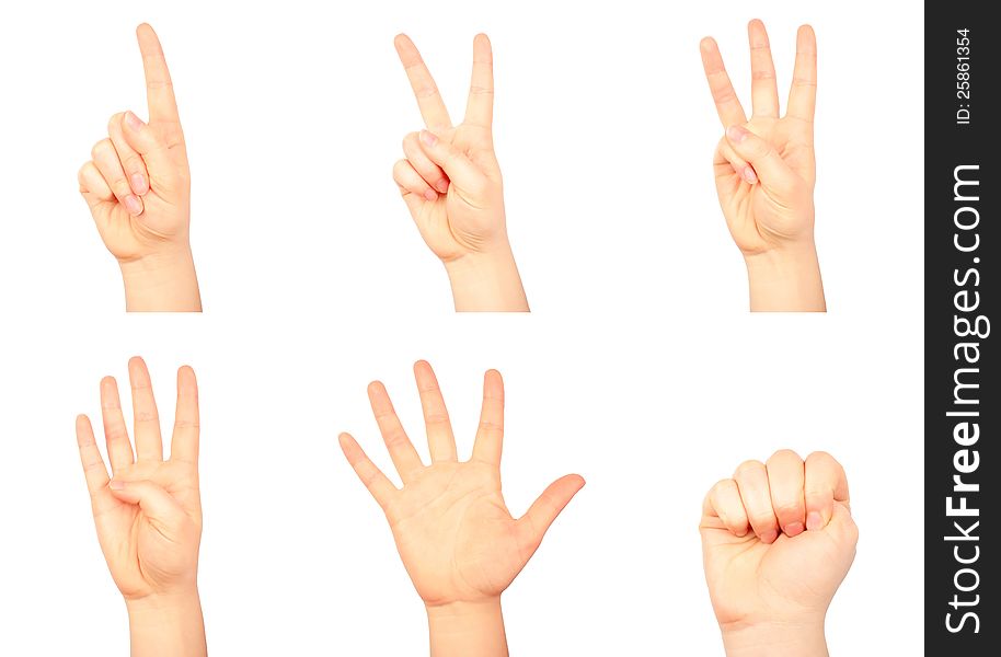 Set of counting human hands on white background. Set of counting human hands on white background