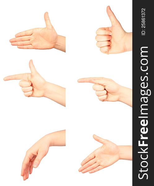 Set of many different hand gestures on white background