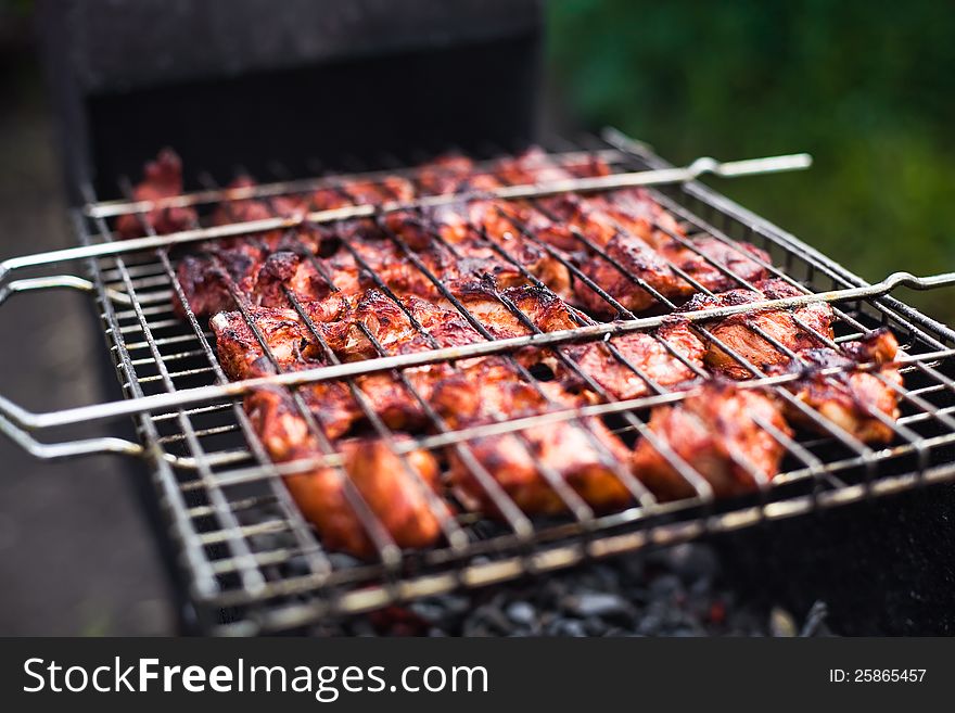 Barbecue grill with charcoal closeup