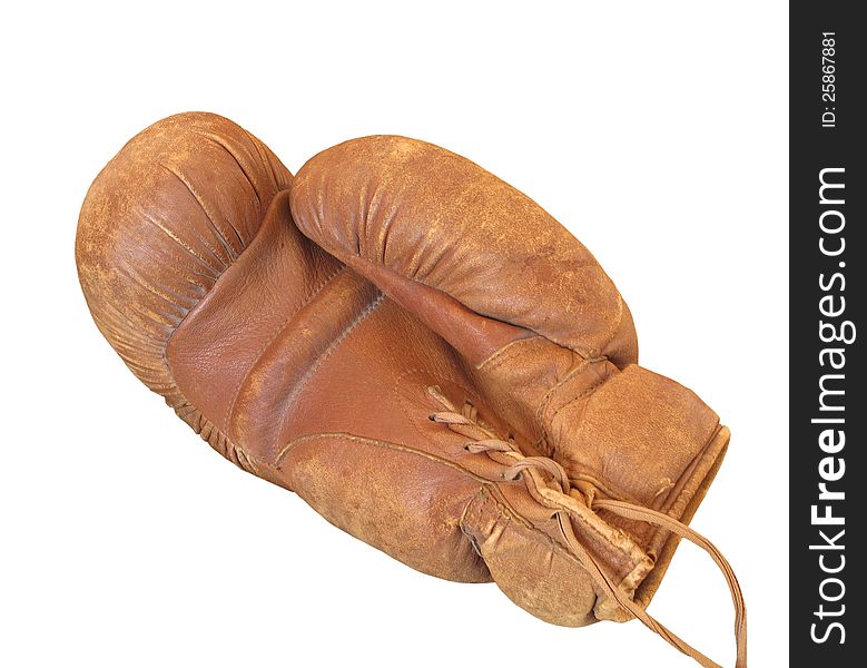 Old and worn light brown colored leather boxing glove. Isolated on white. Old and worn light brown colored leather boxing glove. Isolated on white.