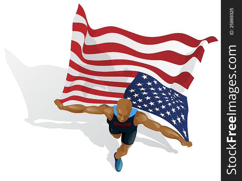 Vector illustration of an American Race Winner celebrating with the USA Flag