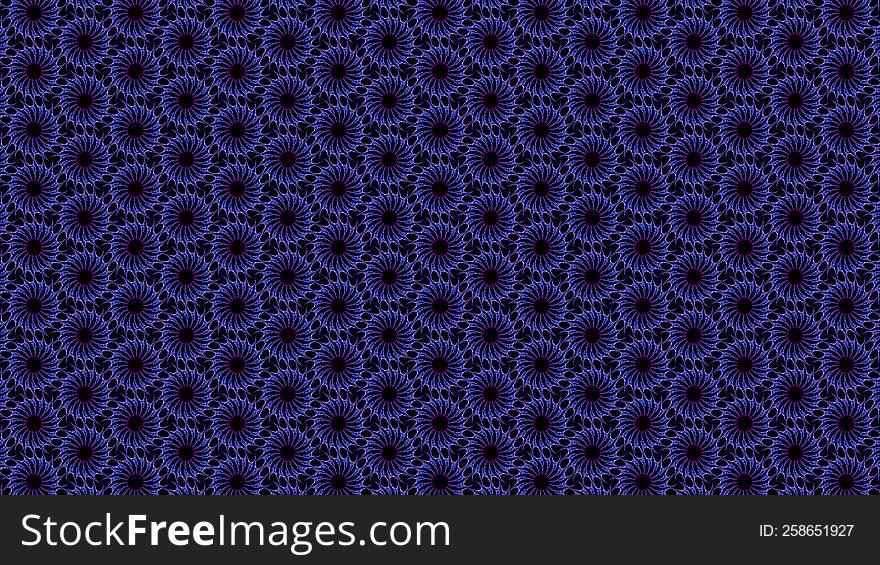 Black bright blue pink multicolored glow floral fractal circles and swirls polygon seamless pattern on the black backdrop