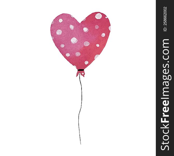 Valentines balloon with white dot texture watercolor illustration. Hand drawn picture for to use in design, home decor, fabrics, p