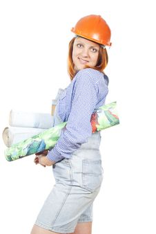 Girl With A Construction Helmet And Wallpaper Royalty Free Stock Photo Girl With A Construction Helmet And Wallpaper Royalty Free Stock Photo