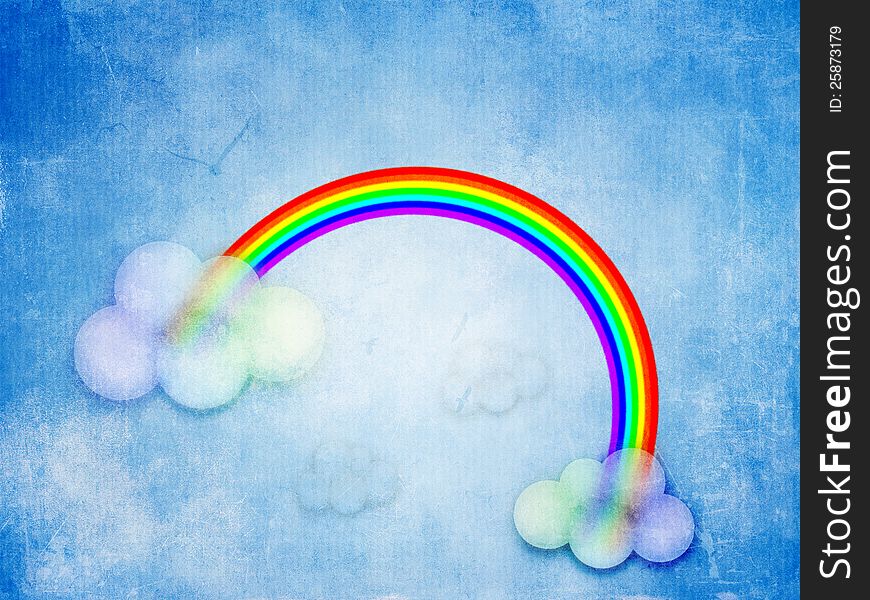 Illustration of abstract rainbow and clouds on blue.